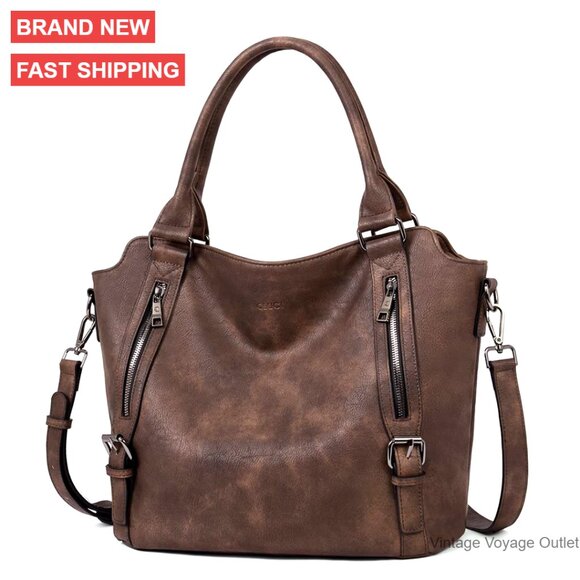 Large Vegan Leather Hobo Bag with Multiple Pockets Adjustable Strap